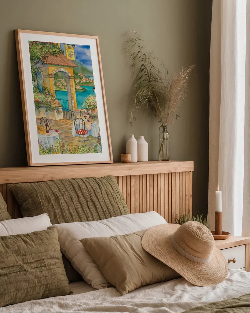 Trattoria by Kathleen Parr McKenna. shown as a paper print in a natural frame. Available as a archival giclee rolled canvas, fine art paper, or poster print. SKU 47932h.