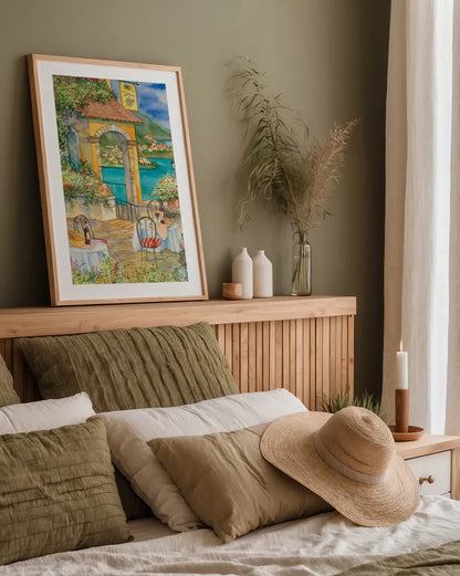 Trattoria by Kathleen Parr McKenna. shown as a paper print in a natural frame. Available as a archival giclee rolled canvas, fine art paper, or poster print. SKU 47932h.