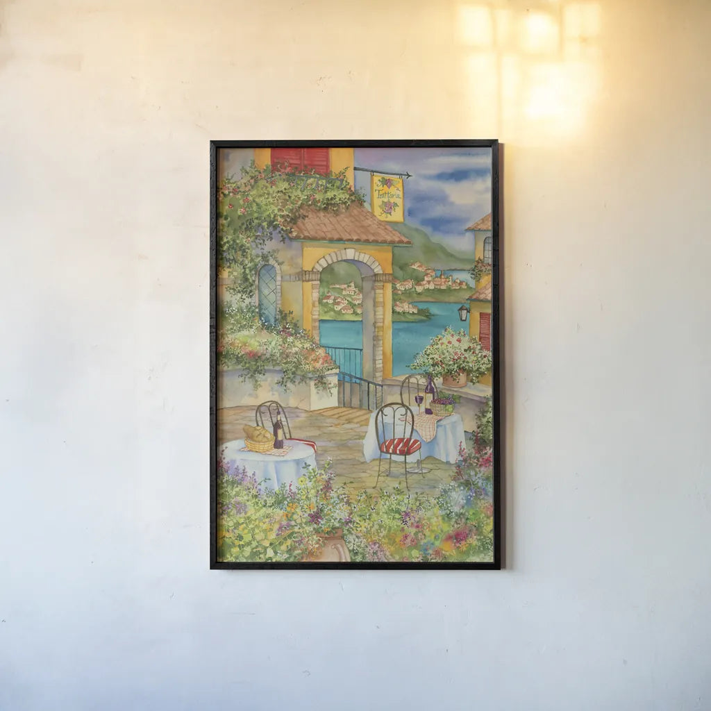 Trattoria by Kathleen Parr McKenna. shown as a paper print in a black flame. Available as a archival giclee rolled canvas, fine art paper, or poster print. SKU 47932h.