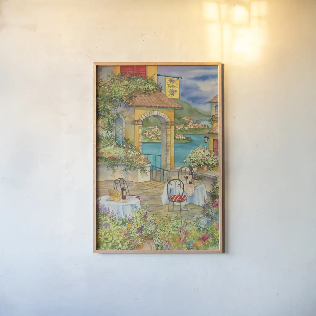Trattoria by Kathleen Parr McKenna. shown as a paper print in a natural frame. Available as a archival giclee rolled canvas, fine art paper, or poster print. SKU 47932h.