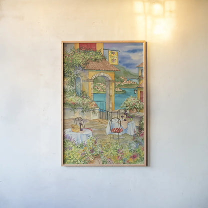 Trattoria by Kathleen Parr McKenna. shown as a paper print in a natural frame. Available as a archival giclee rolled canvas, fine art paper, or poster print. SKU 47932h.