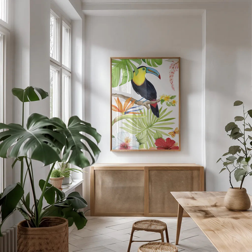 Treasures of the Tropics I by Kathleen Parr McKenna. shown as a print in a natural wood frame in a dining room. Available as a archival giclee rolled canvas, fine art paper, or poster print. SKU 34244h.