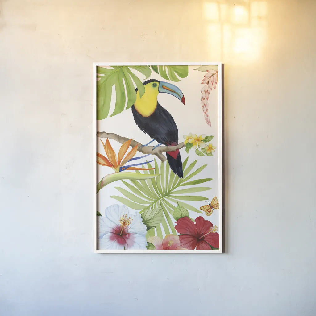Treasures of the Tropics I by Kathleen Parr McKenna. shown as a paper print in a white frame. Available as a archival giclee rolled canvas, fine art paper, or poster print. SKU 34244h.