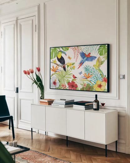 Treasures of the Tropics III by Kathleen Parr McKenna. shown as a framed stretched canvas in a living room above a console. Available as a archival giclee rolled canvas, fine art paper, or poster print. SKU 34246i.