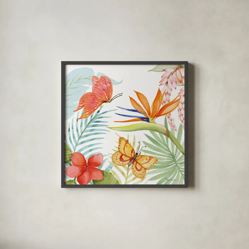 Treasures of the Tropics IV by Kathleen Parr McKenna. Shown in a sleek black glass frame for a contemporary gallery look. Available as an archival giclee rolled canvas, fine art paper, or poster print. SKU 34247a.