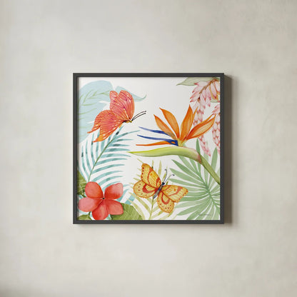 Treasures of the Tropics IV by Kathleen Parr McKenna. Shown in a sleek black glass frame for a contemporary gallery look. Available as an archival giclee rolled canvas, fine art paper, or poster print. SKU 34247a.