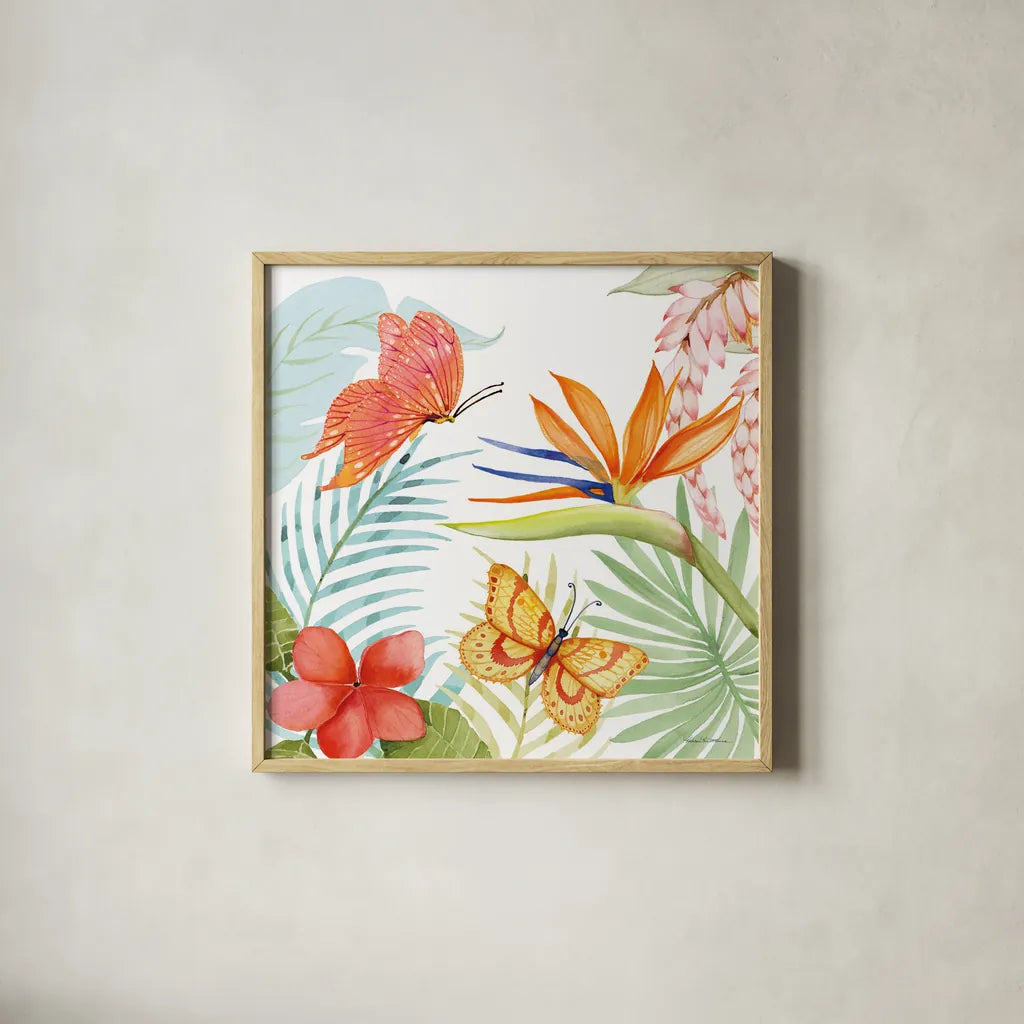 Treasures of the Tropics IV by Kathleen Parr McKenna. Shown in a natural wood glass frame for a timeless modern aesthetic. Available as an archival giclee rolled canvas, fine art paper, or poster print. SKU 34247a.