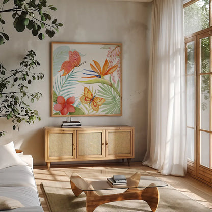 Treasures of the Tropics IV by Kathleen Parr McKenna. Shown in a natural wood frame in a cozy modern living room. Available as an archival giclee rolled canvas, fine art paper, or poster print. SKU 34247a.