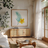 Treasures of the Tropics IX by Kathleen Parr McKenna. Shown in a natural wood frame in a cozy modern living room. Available as an archival giclee rolled canvas, fine art paper, or poster print. SKU 37007a.