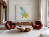 Treasures of the Tropics IX by Kathleen Parr McKenna. Shown as extra-large giant wall art in a modern living room. Available as an archival giclee rolled canvas, fine art paper, or poster print. SKU 37007a.