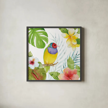 Treasures of the Tropics V by Kathleen Parr McKenna. Shown in a sleek black glass frame for a contemporary gallery look. Available as an archival giclee rolled canvas, fine art paper, or poster print. SKU 34248a.