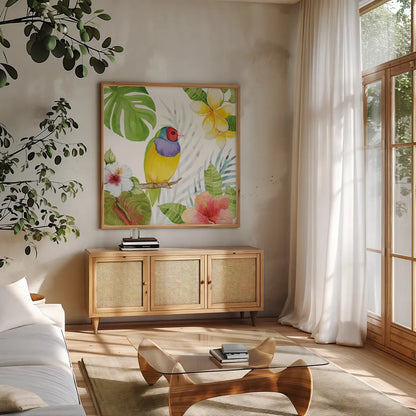 Treasures of the Tropics V by Kathleen Parr McKenna. Shown in a natural wood frame in a cozy modern living room. Available as an archival giclee rolled canvas, fine art paper, or poster print. SKU 34248a.
