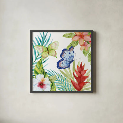 Treasures of the Tropics VI by Kathleen Parr McKenna. Shown in a sleek black glass frame for a contemporary gallery look. Available as an archival giclee rolled canvas, fine art paper, or poster print. SKU 34249a.