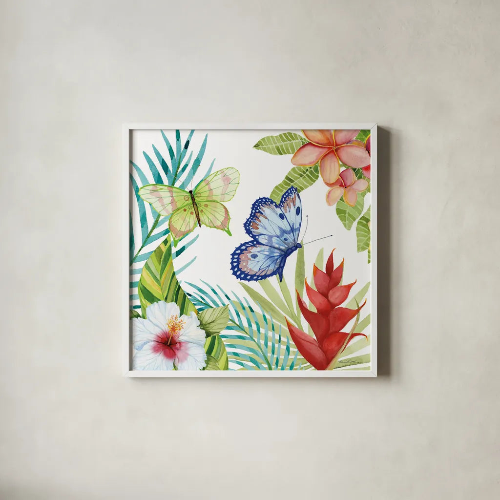 Treasures of the Tropics VI by Kathleen Parr McKenna. Shown in a crisp white glass frame for a clean and minimalist style. Available as an archival giclee rolled canvas, fine art paper, or poster print. SKU 34249a.