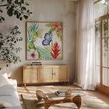 Treasures of the Tropics VI by Kathleen Parr McKenna. Shown in a natural wood frame in a cozy modern living room. Available as an archival giclee rolled canvas, fine art paper, or poster print. SKU 34249a.