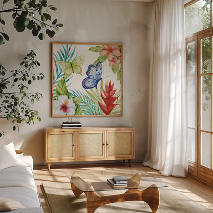 Treasures of the Tropics VI by Kathleen Parr McKenna. Shown in a natural wood frame in a cozy modern living room. Available as an archival giclee rolled canvas, fine art paper, or poster print. SKU 34249a.