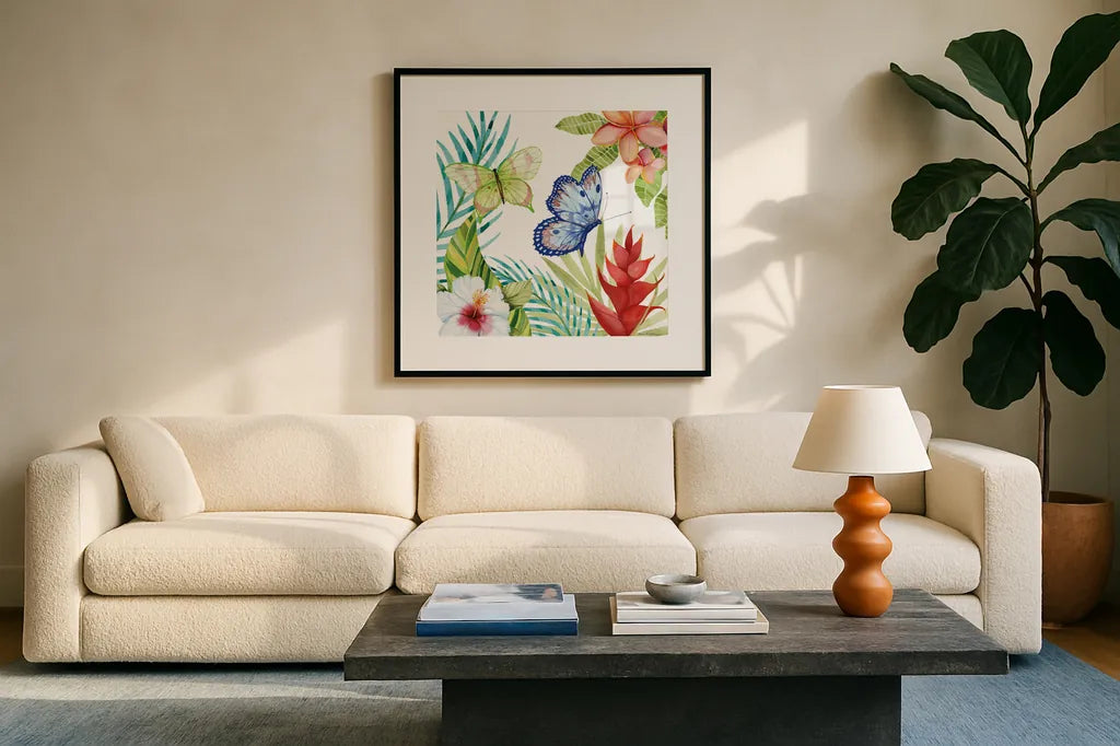Treasures of the Tropics VI by Kathleen Parr McKenna. Displayed in a glass frame with matte in a clean modern living room. Available as an archival giclee rolled canvas, fine art paper, or poster print. SKU 34249a.