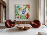 Treasures of the Tropics VI by Kathleen Parr McKenna. Shown as extra-large giant wall art in a modern living room. Available as an archival giclee rolled canvas, fine art paper, or poster print. SKU 34249a.