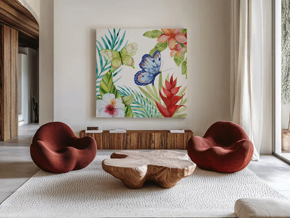 Treasures of the Tropics VI by Kathleen Parr McKenna. Shown as extra-large giant wall art in a modern living room. Available as an archival giclee rolled canvas, fine art paper, or poster print. SKU 34249a.