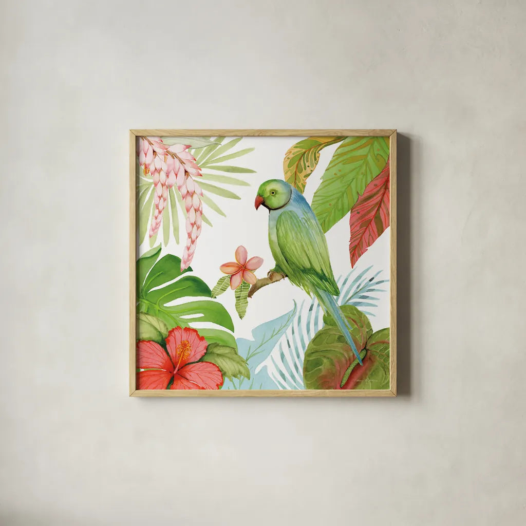Treasures of the Tropics VII by Kathleen Parr McKenna. Shown in a natural wood glass frame for a timeless modern aesthetic. Available as an archival giclee rolled canvas, fine art paper, or poster print. SKU 34250a.