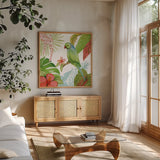 Treasures of the Tropics VII by Kathleen Parr McKenna. Shown in a natural wood frame in a cozy modern living room. Available as an archival giclee rolled canvas, fine art paper, or poster print. SKU 34250a.