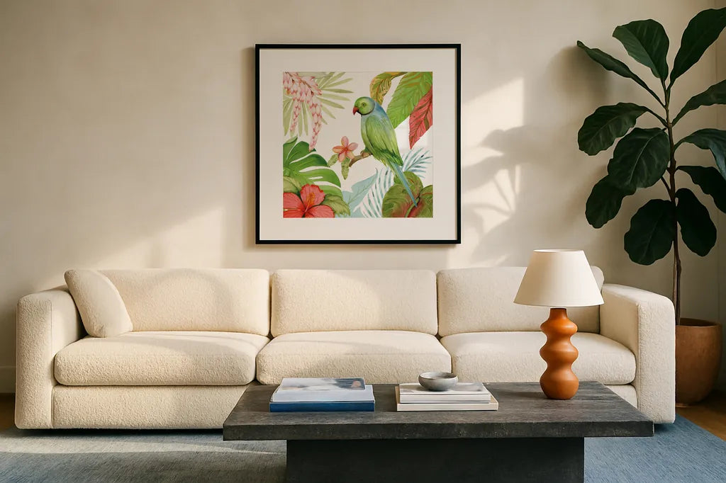 Treasures of the Tropics VII by Kathleen Parr McKenna. Displayed in a glass frame with matte in a clean modern living room. Available as an archival giclee rolled canvas, fine art paper, or poster print. SKU 34250a.