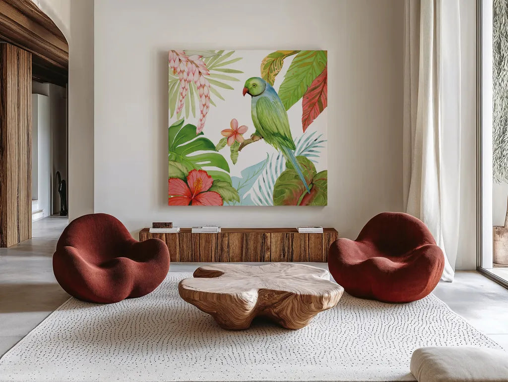 Treasures of the Tropics VII by Kathleen Parr McKenna. Shown as extra-large giant wall art in a modern living room. Available as an archival giclee rolled canvas, fine art paper, or poster print. SKU 34250a.