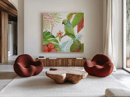 Treasures of the Tropics VII by Kathleen Parr McKenna. Shown as extra-large giant wall art in a modern living room. Available as an archival giclee rolled canvas, fine art paper, or poster print. SKU 34250a.