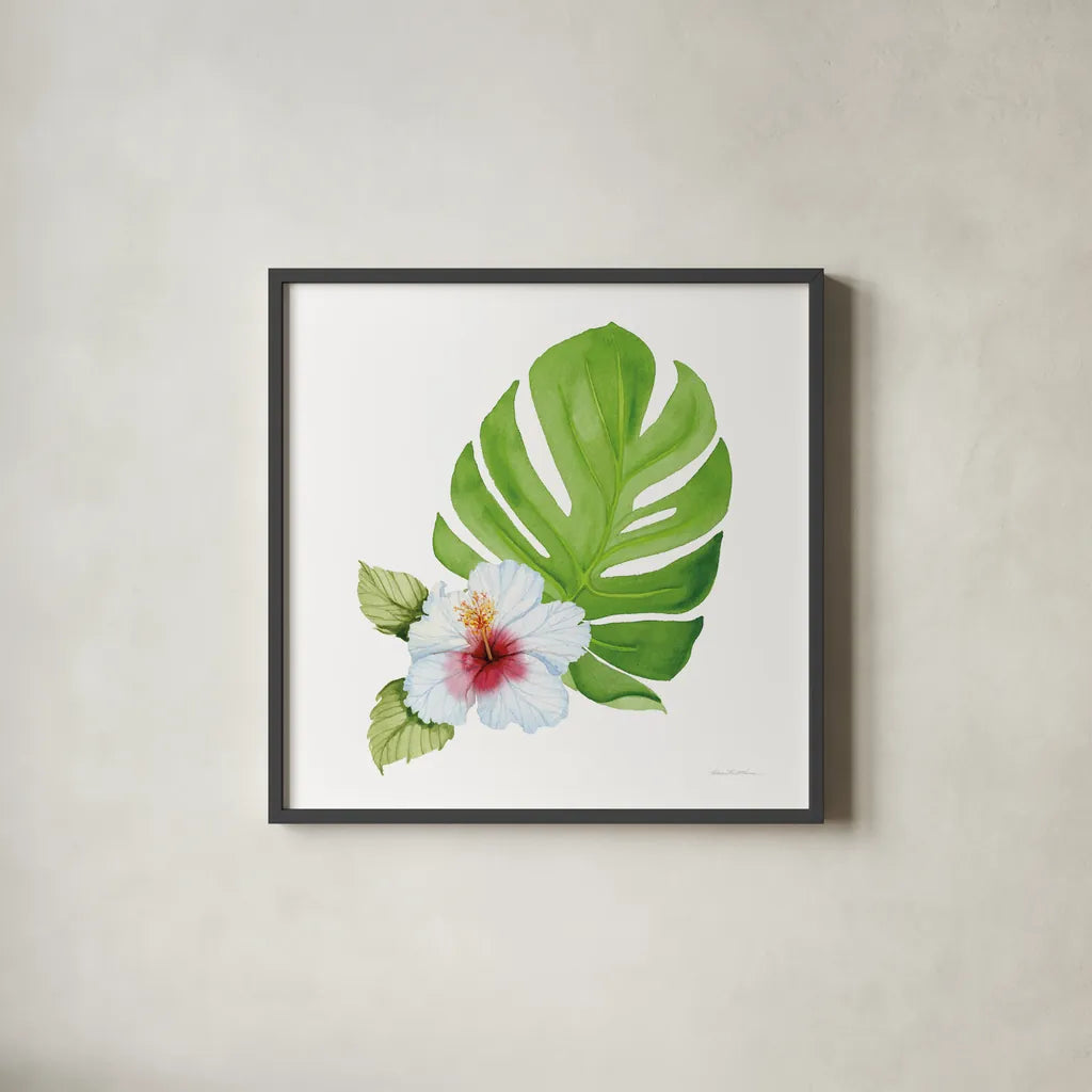 Treasures of the Tropics VIII by Kathleen Parr McKenna. Shown in a sleek black glass frame for a contemporary gallery look. Available as an archival giclee rolled canvas, fine art paper, or poster print. SKU 37006a.