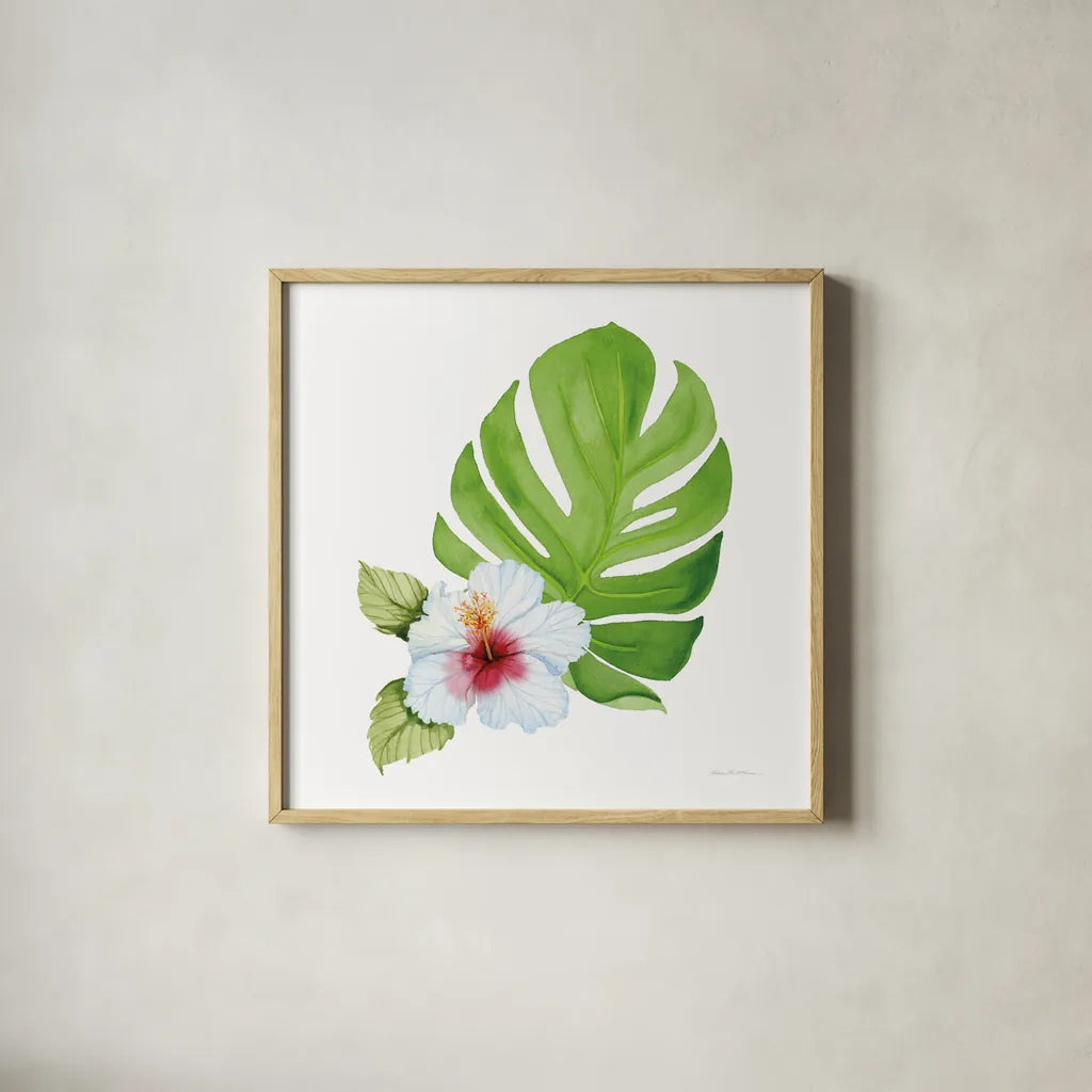 Treasures of the Tropics VIII by Kathleen Parr McKenna. Shown in a natural wood glass frame for a timeless modern aesthetic. Available as an archival giclee rolled canvas, fine art paper, or poster print. SKU 37006a.
