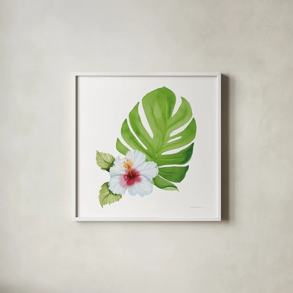 Treasures of the Tropics VIII by Kathleen Parr McKenna. Shown in a crisp white glass frame for a clean and minimalist style. Available as an archival giclee rolled canvas, fine art paper, or poster print. SKU 37006a.