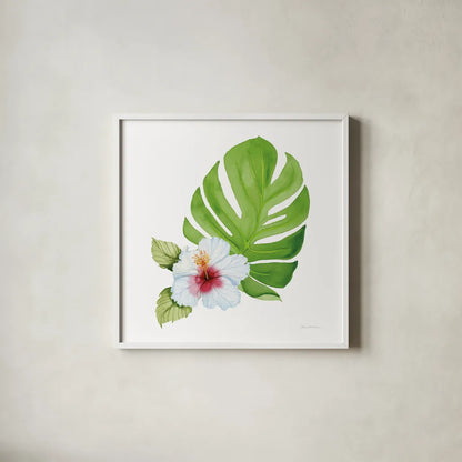 Treasures of the Tropics VIII by Kathleen Parr McKenna. Shown in a crisp white glass frame for a clean and minimalist style. Available as an archival giclee rolled canvas, fine art paper, or poster print. SKU 37006a.