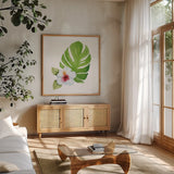 Treasures of the Tropics VIII by Kathleen Parr McKenna. Shown in a natural wood frame in a cozy modern living room. Available as an archival giclee rolled canvas, fine art paper, or poster print. SKU 37006a.