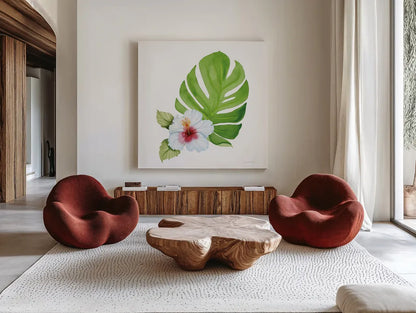 Treasures of the Tropics VIII by Kathleen Parr McKenna. Shown as extra-large giant wall art in a modern living room. Available as an archival giclee rolled canvas, fine art paper, or poster print. SKU 37006a.