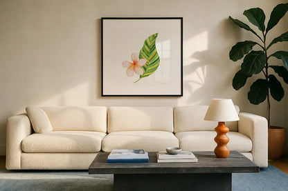 Treasures of the Tropics X by Kathleen Parr McKenna. Displayed in a glass frame with matte in a clean modern living room. Available as an archival giclee rolled canvas, fine art paper, or poster print. SKU 37008a.