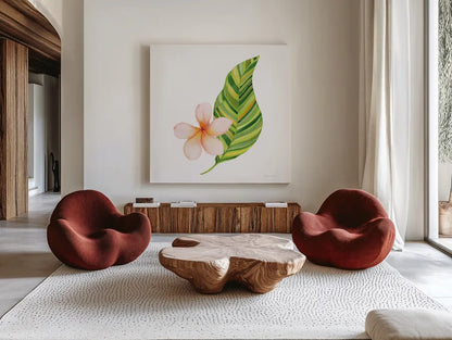 Treasures of the Tropics X by Kathleen Parr McKenna. Shown as extra-large giant wall art in a modern living room. Available as an archival giclee rolled canvas, fine art paper, or poster print. SKU 37008a.