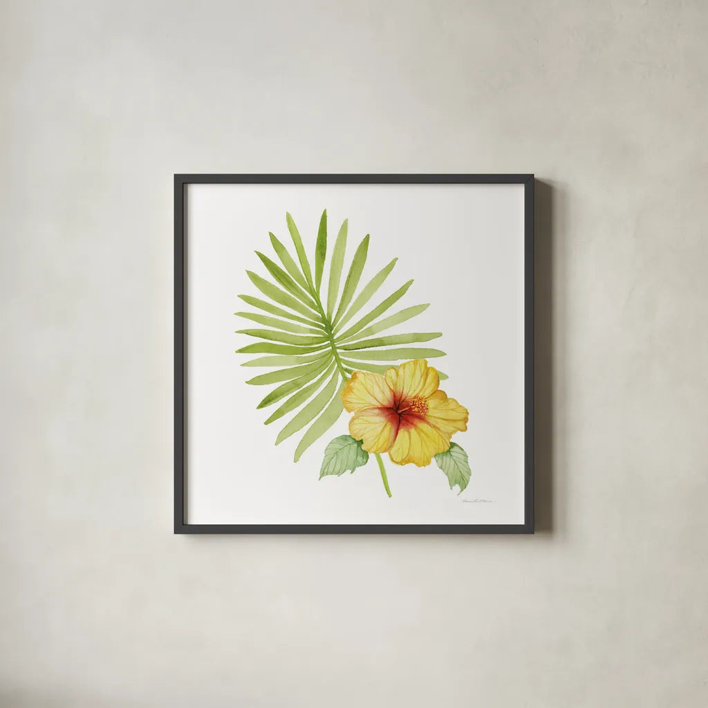 Treasures of the Tropics XI by Kathleen Parr McKenna. Shown in a sleek black glass frame for a contemporary gallery look. Available as an archival giclee rolled canvas, fine art paper, or poster print. SKU 37009a.