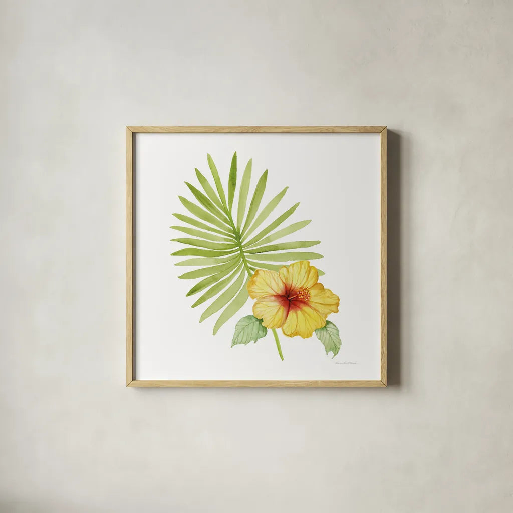 Treasures of the Tropics XI by Kathleen Parr McKenna. Shown in a natural wood glass frame for a timeless modern aesthetic. Available as an archival giclee rolled canvas, fine art paper, or poster print. SKU 37009a.