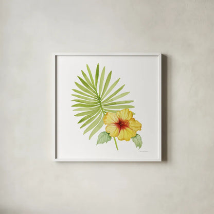 Treasures of the Tropics XI by Kathleen Parr McKenna. Shown in a crisp white glass frame for a clean and minimalist style. Available as an archival giclee rolled canvas, fine art paper, or poster print. SKU 37009a.