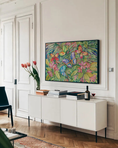 Tropical Butterflies by Kathleen Parr McKenna. shown as a framed stretched canvas in a living room above a console. Available as a archival giclee rolled canvas, fine art paper, or poster print. SKU 41248i.