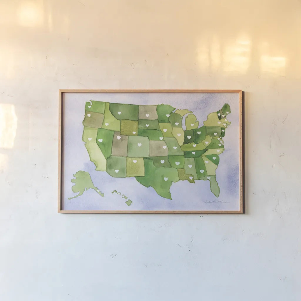 USA Capital Map by Kathleen Parr McKenna. shown as a paper print in a natural frame. Available as a archival giclee rolled canvas, fine art paper, or poster print. SKU 53450i.