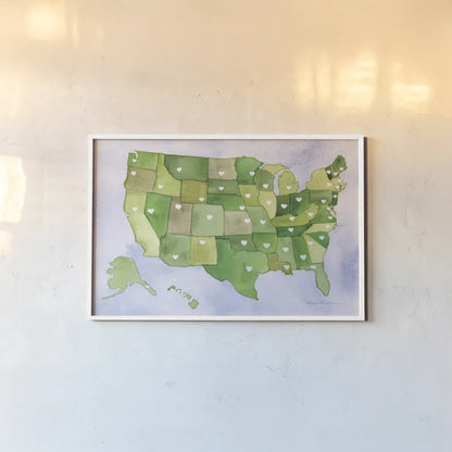 USA Capital Map by Kathleen Parr McKenna. shown as a paper print in a white frame. Available as a archival giclee rolled canvas, fine art paper, or poster print. SKU 53450i.