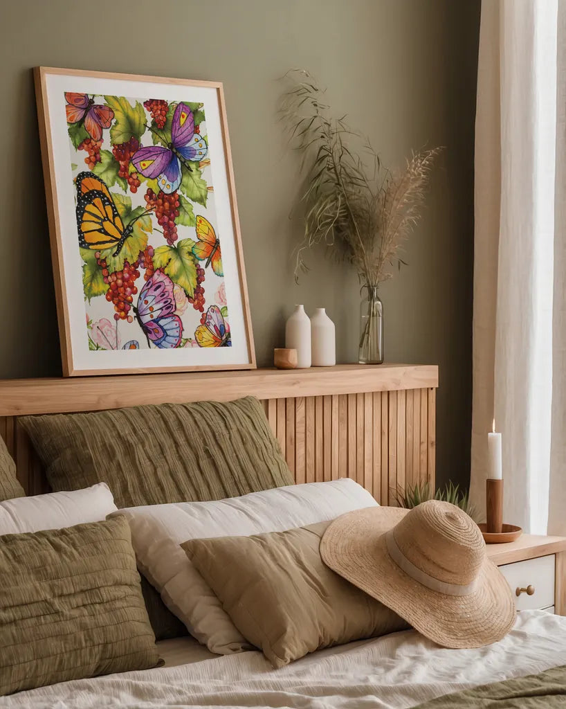 Vineyard Fruit by Kathleen Parr McKenna. shown as a paper print in a natural frame. Available as a archival giclee rolled canvas, fine art paper, or poster print. SKU 37264h.