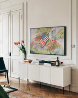 Waves of Honor by Kathleen Parr McKenna. shown as a framed stretched canvas in a living room above a console. Available as a archival giclee rolled canvas, fine art paper, or poster print. SKU 41205i.