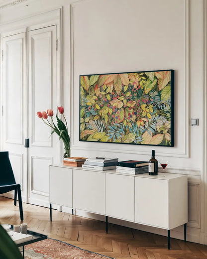 Wild Berries by Kathleen Parr McKenna. shown as a framed stretched canvas in a living room above a console. Available as a archival giclee rolled canvas, fine art paper, or poster print. SKU 41223i.