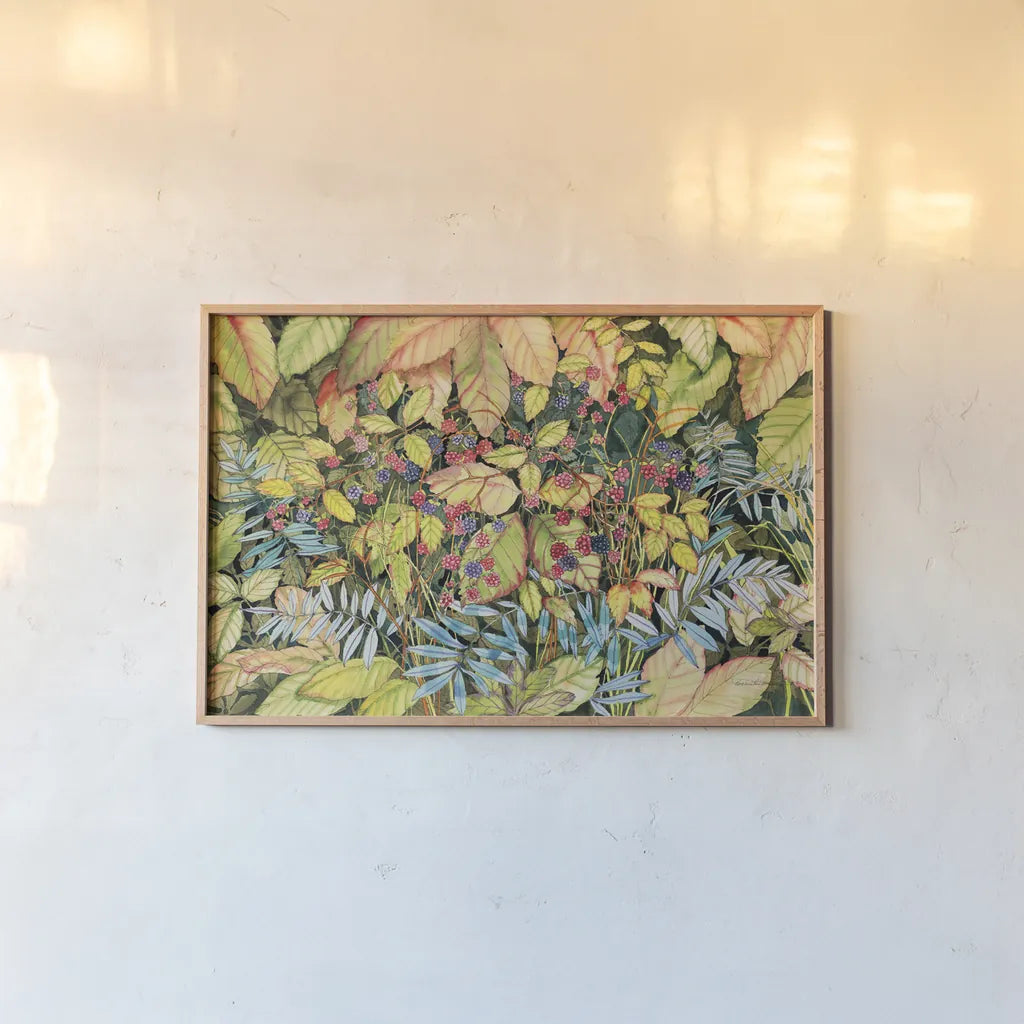 Wild Berries by Kathleen Parr McKenna. shown as a paper print in a natural frame. Available as a archival giclee rolled canvas, fine art paper, or poster print. SKU 41223i.