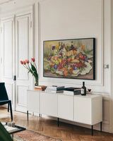 Wine Tastings by Kathleen Parr McKenna. shown as a framed stretched canvas in a living room above a console. Available as a archival giclee rolled canvas, fine art paper, or poster print. SKU 47969i.
