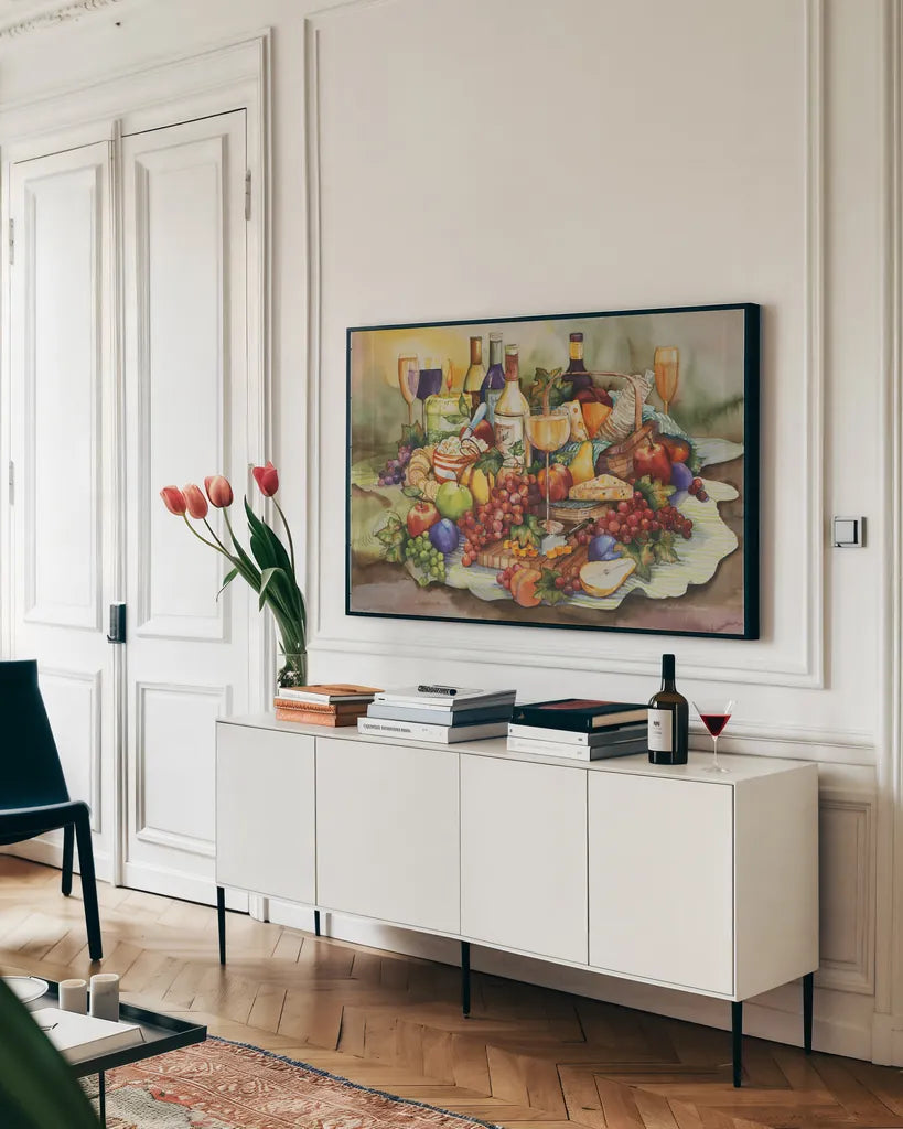 Wine Tastings by Kathleen Parr McKenna. shown as a framed stretched canvas in a living room above a console. Available as a archival giclee rolled canvas, fine art paper, or poster print. SKU 47969i.