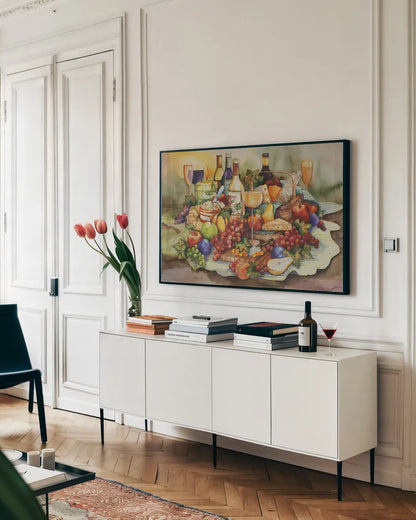 Wine Tastings by Kathleen Parr McKenna. shown as a framed stretched canvas in a living room above a console. Available as a archival giclee rolled canvas, fine art paper, or poster print. SKU 47969i.