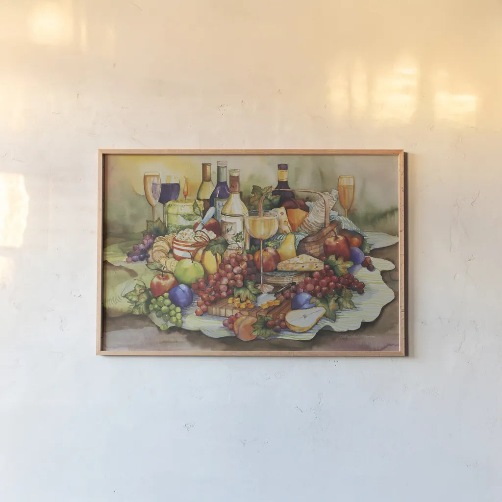 Wine Tastings by Kathleen Parr McKenna. shown as a paper print in a natural frame. Available as a archival giclee rolled canvas, fine art paper, or poster print. SKU 47969i.